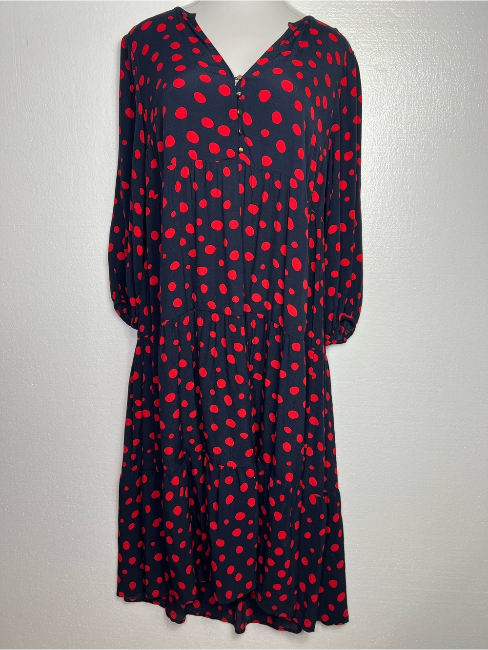 LOFT Navy Blue Red Polka Dot Tiered Midi Dress Small Long Sleeve